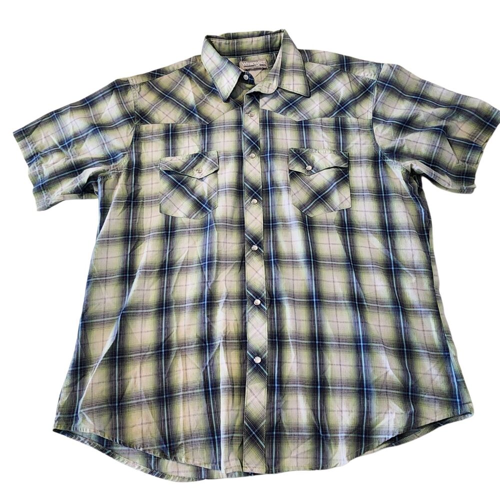 Vtg Wrangler Wrancher Shirts Mens XL Green Plaid SS Pearl Snap Western Shirt